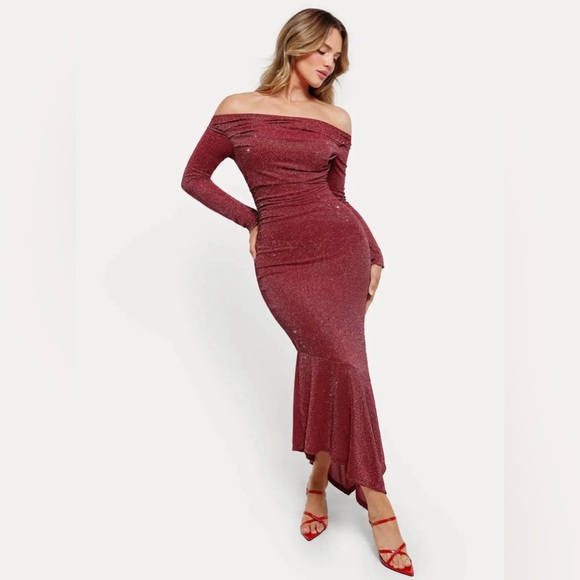 Popilush Shapewear Metallic Knit Long Sleeve Slim Mermaid Maxi Dress - Picture 8 of 12